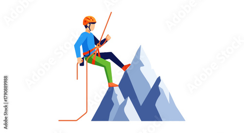 Cartoon Mountaineer Scaling Mountain: An Adventure Depicted on Stark Black Background