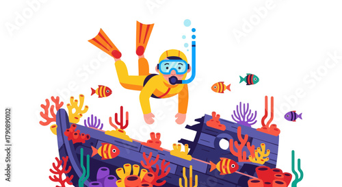 Cartoon Diver Explores Underwater Wreck And Fish In Lively And Bright Ocean Scene