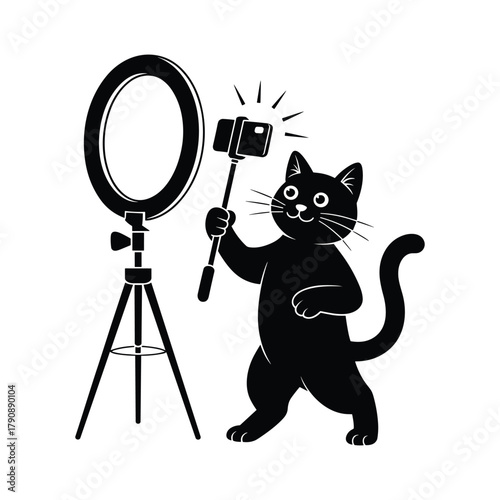 Black silhouette of a cat holding a selfie stick with a ring light and tripod feline animal