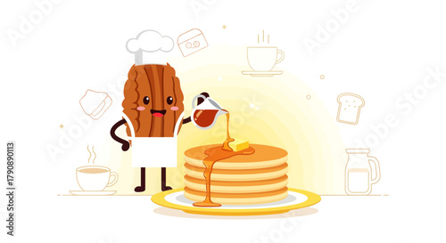 Cartoon Pancake Character Pouring Syrup, Sweet Breakfast Illustration, Culinary Delight