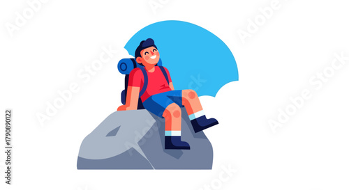 Cartoon Of Adventurous Hiker Taking A Break On A Rock, Enjoying the Landscape Scenery