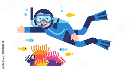 Cartoon Diver Exploring Aquatic Life Amongst Colorful Coral and Swimming Fish Illustration