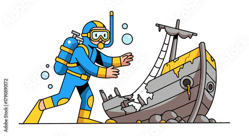 Cartoon Diver Exploring Ancient Wreckage Underwater In Colorful And Striking Visuals