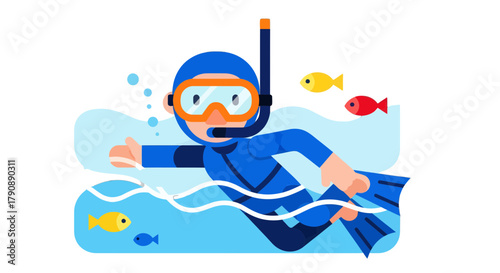 Cartoon Diver Submerged Among Aquatic Creatures and Underwater Landscapes