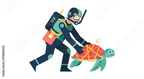 Cartoon Diver Rescuing Turtle: An Underwater Conservation Illustration