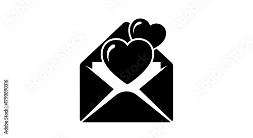 Black and white illustration of hearts emerging from an envelope