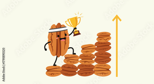 Cartoon Pecan Celebrates Success While Climbing Toward Greater Achievements With Trophy and Arrows