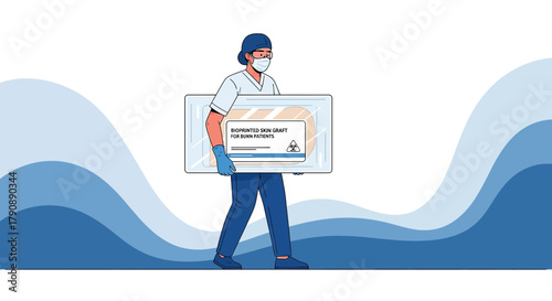 Illustration of a healthcare worker carrying a bioprinted skin graft for burn patients therapy