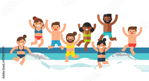 Cartoon People Enjoying Beach Time and Having Fun In The Water During Summer Vacation