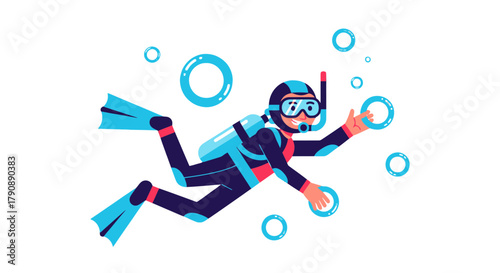 Cartoon Diver Swimming Amongst Bubbles With Blue Fins And A Smiling Expression