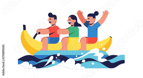 Cartoon People Enjoying Summer Adventure Riding Banana Boat on Waves with Joyful Expressions