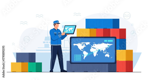 Illustration of a logistic worker managing global shipping with technology and containers
