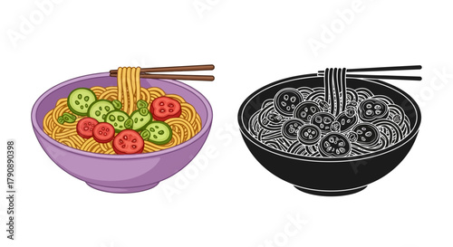 Colorful and monochrome illustrations of noodle bowls with fresh vegetable toppings