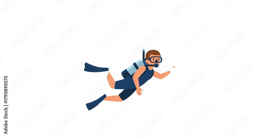 Fototapeta premium Cartoon Diver Swimming Gracefully In The Dark Abyss, With Full Scuba Dive Equipment