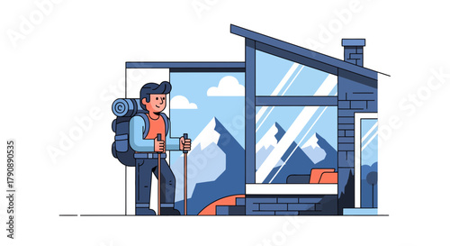 Cartoon Representation Of A Hiker Readying Themselves to Explore Mountainous Terrain