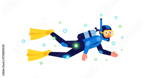 Cartoon Diver Swimming Underwater with Yellow Flippers and Blue Diving Gear in The Deep