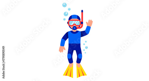 Cartoon Diver With Bubbles Against a Black Background Displaying a Friendly Gesture