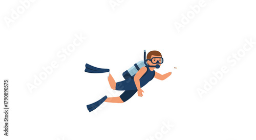 Cartoon Diver Swimming Gracefully In The Dark Abyss, With Full Scuba Dive Equipment