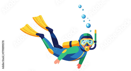 Cartoon Diver Swimming Underwater with Yellow Flippers and Blue Bubbles