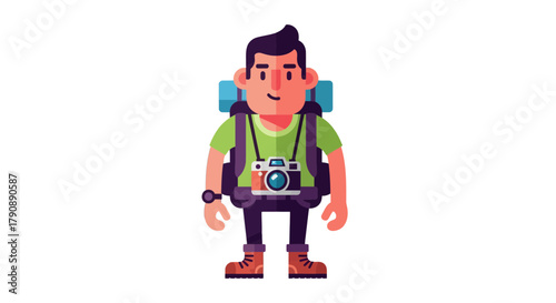 Cartoon Photographer Ready To Explore The World With Backpack And Camera Adventure