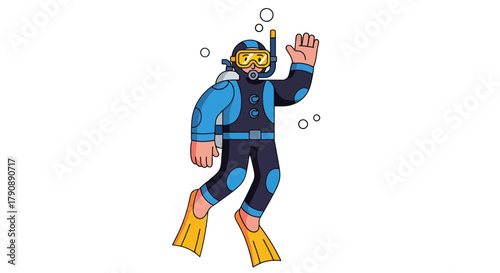 Cartoon Diver With Yellow Fins And Mask Waving Under Blackness Background