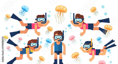 Cartoon Divers And Jellyfish Swimming In The Dark Sea Vector Illustration Design