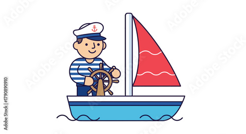 Cartoon Sailor Steering a Sailboat With Anchor Hat and Red Sail on Black Background