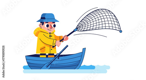 Cartoon Fisherman Casting Net, Fishing Boat On Blue Water With Black Background Artwork