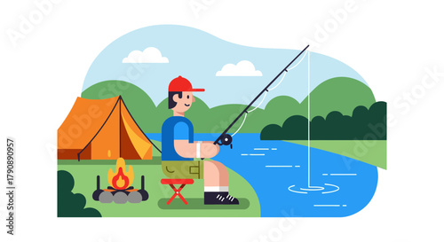 Cartoon Fisherman Enjoying Lakeside Camping Experience With Tent And Burning Campfire