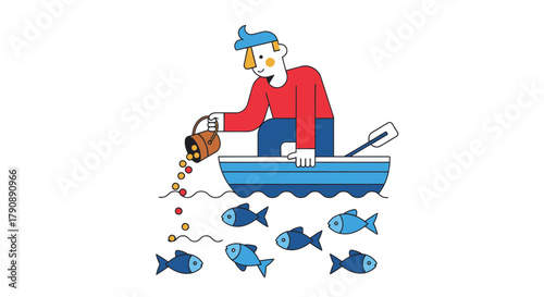 Cartoon Fisherman In A Boat Feeding Fish With Colorful Bait In The Deep Ocean
