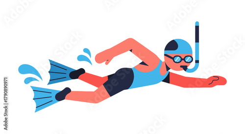 Cartoon Snorkeler Swimming Underwater with Fins in Simplified Style, Black Background