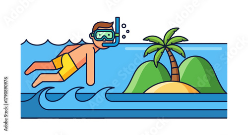 Cartoon Snorkeler Explores Tropical Waters Near An Island With Palm Trees And Waves