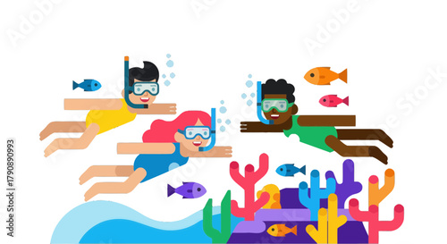 Cartoon Snorkelers Exploring Underwater Reefs With Diverse Fish Species and Colorful Coral