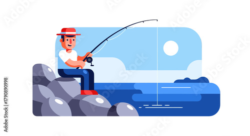 Cartoon Fisherman Reeling In A Hypothetical Catch Against A Clean Backdrop