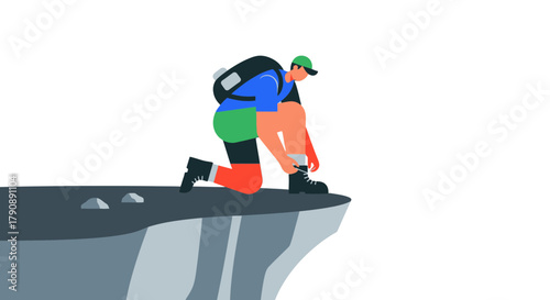 Cartoon Hiker Kneeling Preparing Boots Before Starting Adventure Next Horizon Exploration