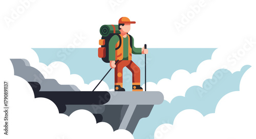 Cartoon Hiker Stands Courageously at Mountain Cliff Edge Achieving Great Heights