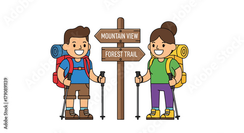 Cartoon Hikers Selecting Trail Directions Near Signpost Preparing For Outdoor Mountain Adventure
