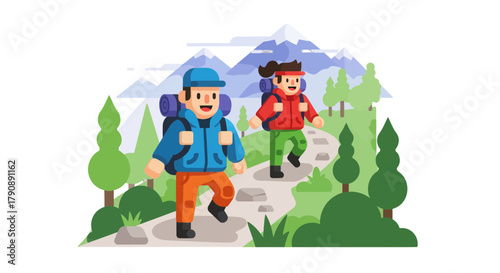 Cartoon Hikers Exploring Mountain Terrain And Enjoying Their Hiking Adventure Outdoors