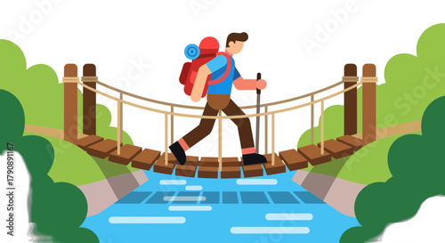 Cartoon Human Hiking Adventure: Crossing Bridge Over Serene River in Majestic Wilderness