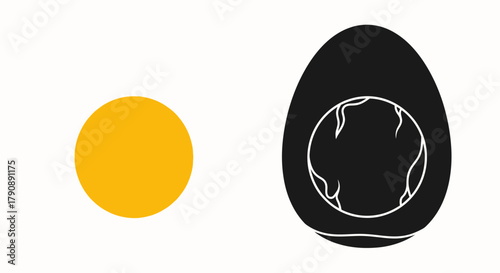 A half peeled hard boiled egg and its black and white outline