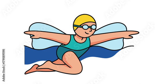 Cartoon Swimmer Gracefully Gliding Through Water With Swim Cap and Goggles Ready To Compete