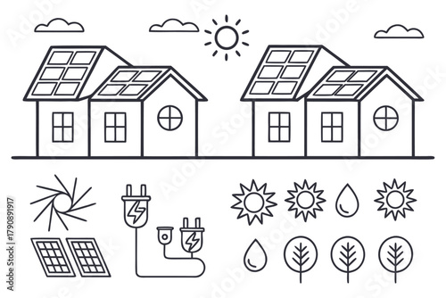 Solar Energy and Renewable Resources Icons with Houses on White Background Keywords: solar energy, renewable, green
