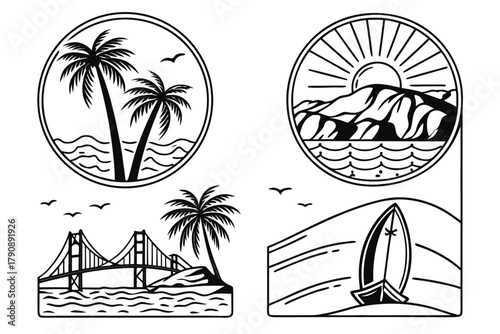 Tropical Beach and Mountain Landscape Line Art Illustrations palm trees ocean