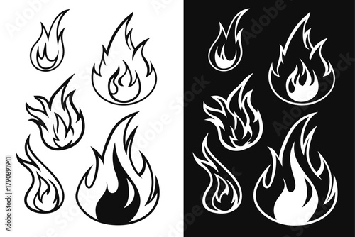Stylized Flame Icons in Black and White on Contrasting Backgrounds fire heat