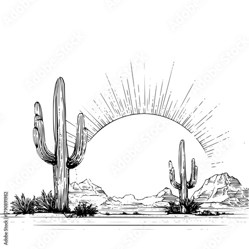 Illustration of a desert landscape with saguaro cacti and a rising sun in a black and white sketch style