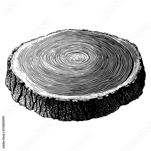 Illustration of a tree stump with visible growth rings in a black and white woodcut style image