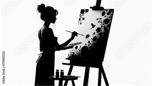 A black and white illustration of the silhouette of a talented female artist who holds a brush and palette in her hands and paints a picture at an easel. Vector graphics. EPS.