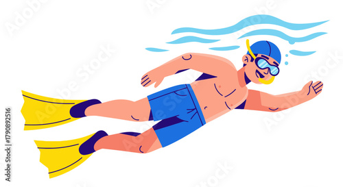 Cartoon Swimmer Underwater, Enjoying Summer Aquatic Activities In Tropical Water