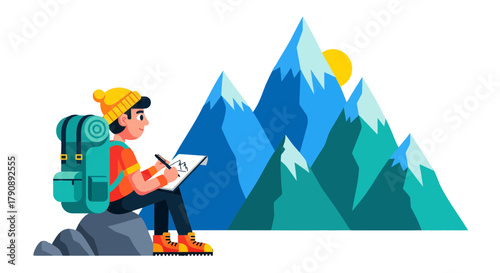 Cartoon Traveler Capturing Mountain Scene's Beauty with Artistic Sketchbook Drawing