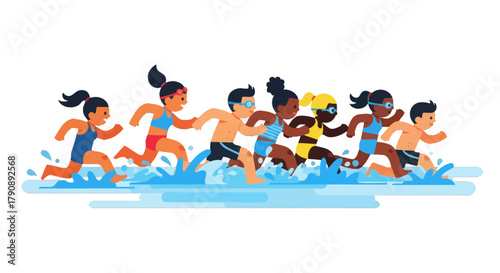 Cartoon Swimmers Racing Through Water, Showcasing Speed and Athletic Competition